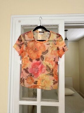 Vintage Sheer Floral Short-Sleeve Top in Orange and Pink
